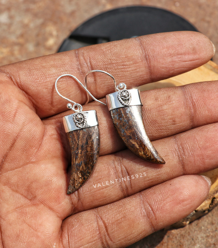 Handcrafted 925 Silver Bronzite Boho Southwestern Tusk Earrings