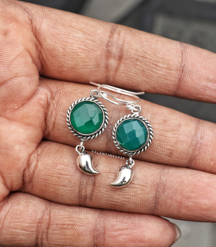 925 Sterling Silver Green Onyx Rope Border Dangle Earrings with Talon Charm